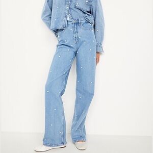 Old Navy Daisy Embroidered Sky-Hi Extra High Rise Wide Leg Jeans